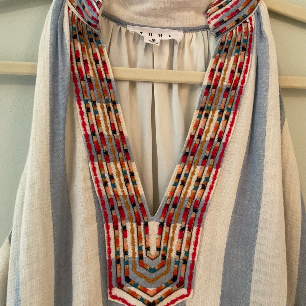 THML Embroidered V-Neck Tunic with Blue Stripes
